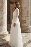 Robe de mariée à manches longues plissées en V, en ivoire et fendue
