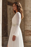 Robe de mariée à manches longues plissées en V, en ivoire et fendue