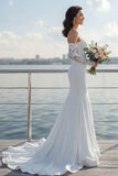 Robe de mariée en traîne sirène à épaules dénudée ivoire avec dentelle