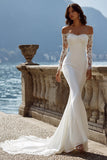 Robe de mariée en traîne sirène à épaules dénudée ivoire avec dentelle