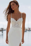 Robe de mariée longue robe de mariée à bretelles fines en ivoire appliquée à sirène, avec fente