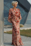 Robe de la mère de la mariée rose fleurie fleurie froncée avec manches longues