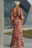 Robe de la mère de la mariée rose fleurie fleurie froncée avec manches longues