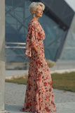 Robe de la mère de la mariée rose fleurie fleurie froncée avec manches longues