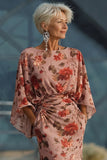 Robe de la mère de la mariée rose fleurie fleurie froncée avec manches longues