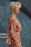 Robe de la mère de la mariée rose fleurie fleurie froncée avec manches longues