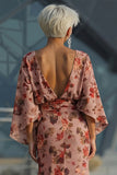 Robe de la mère de la mariée rose fleurie fleurie froncée avec manches longues