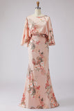 Robe de mère de la mariée à motifs de rose poussiéreuse à motifs de fleurs, satin et manches évasées