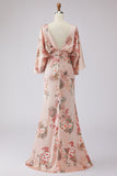 Robe de mère de la mariée à motifs de rose poussiéreuse à motifs de fleurs, satin et manches évasées