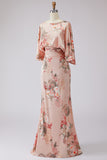 Robe de mère de la mariée à motifs de rose poussiéreuse à motifs de fleurs, satin et manches évasées