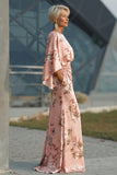 Robe de mère de la mariée à motifs de rose poussiéreuse à motifs de fleurs, satin et manches évasées