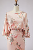 Robe de mère de la mariée à motifs de rose poussiéreuse à motifs de fleurs, satin et manches évasées