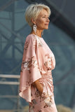 Robe de mère de la mariée à motifs de rose poussiéreuse à motifs de fleurs, satin et manches évasées