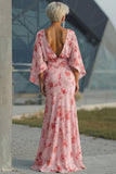 Robe de mère de la mariée en chiffon fleuri rose poussiéreuse avec manches évasées