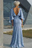 Robe de mère de la mariée à fleurs bleu poussiéreux à fourreau froissé avec manches évasées