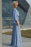 Robe de mère de la mariée à fleurs bleu poussiéreux à fourreau froissé avec manches évasées