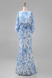 Robe de mère de la mariée à fourreau fleur bleu avec manches évasées