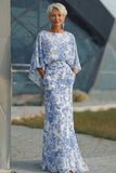 Robe de mère de la mariée à fourreau fleur bleu avec manches évasées