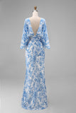 Robe de mère de la mariée à fourreau fleur bleu avec manches évasées