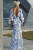 Robe de mère de la mariée à fourreau fleur bleu avec manches évasées