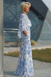 Robe de mère de la mariée à fourreau fleur bleu avec manches évasées