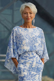 Robe de mère de la mariée à fourreau fleur bleu avec manches évasées