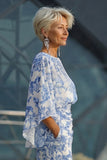 Robe de mère de la mariée à fourreau fleur bleu avec manches évasées