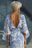 Robe de mère de la mariée à fourreau fleur bleu avec manches évasées