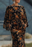 Robe de mère de la mariée à motifs marron à fourreau et manches évasées