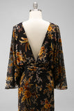 Robe de mère de la mariée à motifs marron à fourreau et manches évasées