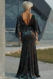 Robe de mère de la mariée à motifs vert foncé à fourreau froissé avec manches évasées