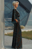 Robe de mère de la mariée à motifs vert foncé à fourreau froissé avec manches évasées