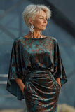 Robe de mère de la mariée à motifs vert foncé à fourreau froissé avec manches évasées