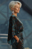 Robe de mère de la mariée à motifs vert foncé à fourreau froissé avec manches évasées