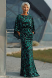 Robe de mère de la mariée à fourreau imprimée bleu paon avec manches évasées
