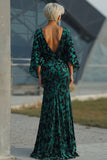 Robe de mère de la mariée à fourreau imprimée bleu paon avec manches évasées