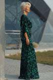Robe de mère de la mariée à fourreau imprimée bleu paon avec manches évasées