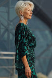 Robe de mère de la mariée à fourreau imprimée bleu paon avec manches évasées
