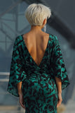 Robe de mère de la mariée à fourreau imprimée bleu paon avec manches évasées