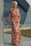 Robe de mère de la mariée à manches évasées en rose fleurie en V à col en V