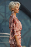 Robe de mère de la mariée à manches évasées en rose fleurie en V à col en V