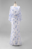 Robe de la mère de la mariée à étui imprimée bleu clair avec manches évasées
