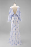 Robe de la mère de la mariée à étui imprimée bleu clair avec manches évasées