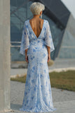 Robe de la mère de la mariée à étui imprimée bleu clair avec manches évasées
