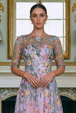 Robe pour mère de la mariée verte ligne A brodée manches 3/4