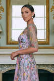 Robe pour mère de la mariée verte ligne A brodée manches 3/4