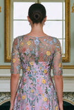 Robe pour mère de la mariée verte ligne A brodée manches 3/4