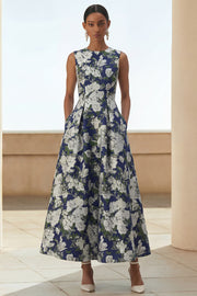 Robe d'invitée de mariage midi marine imprimé floral ligne A avec poches