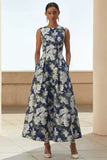 Robe d'invitée de mariage midi marine imprimé floral ligne A avec poches