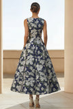 Robe d'invitée de mariage midi marine imprimé floral ligne A avec poches